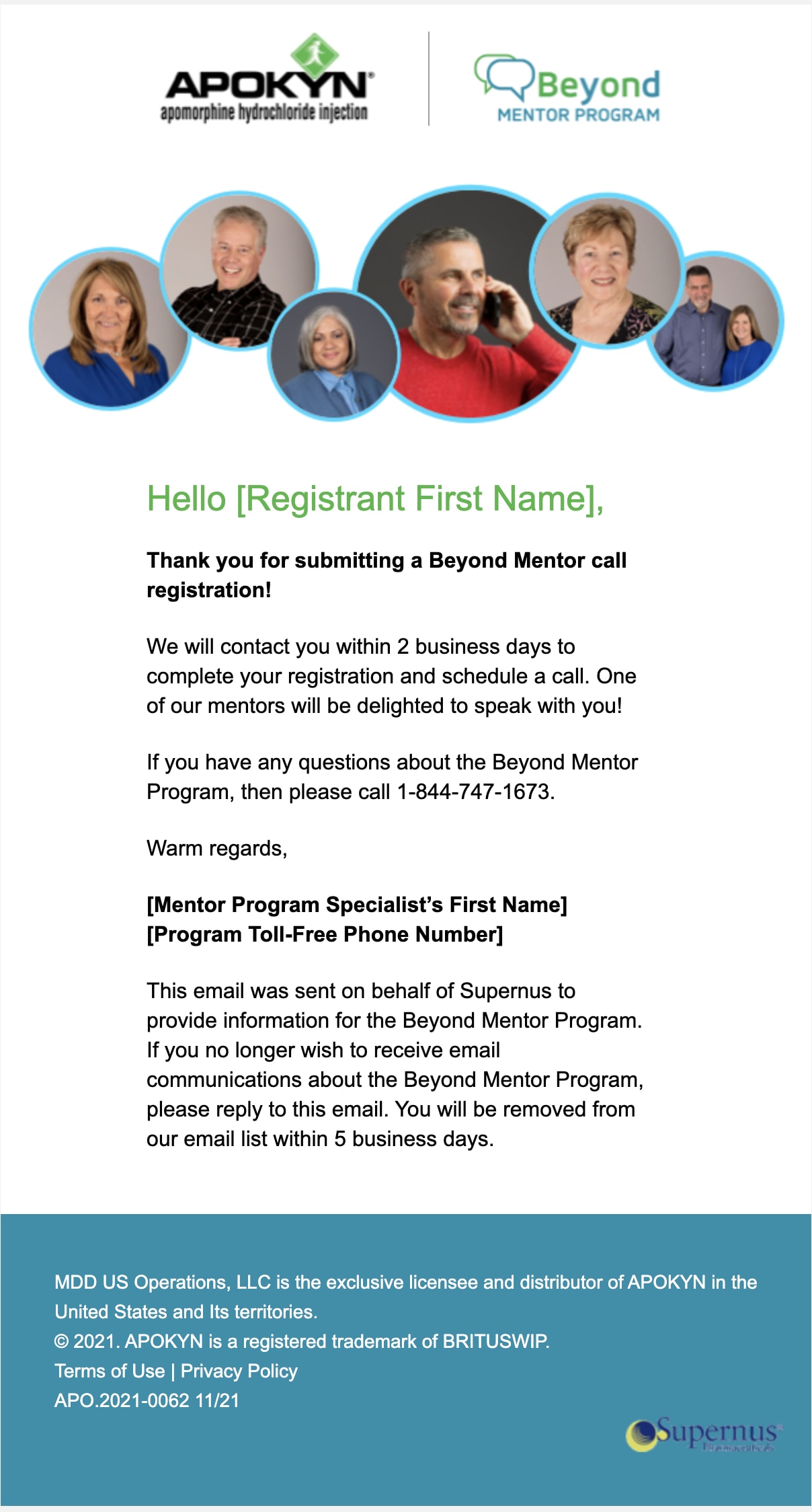 APOKYN and Beyond Mentor Program confirmation email with a row of mentor portraits, a personalized greeting placeholder and next steps for scheduling a mentor call.
