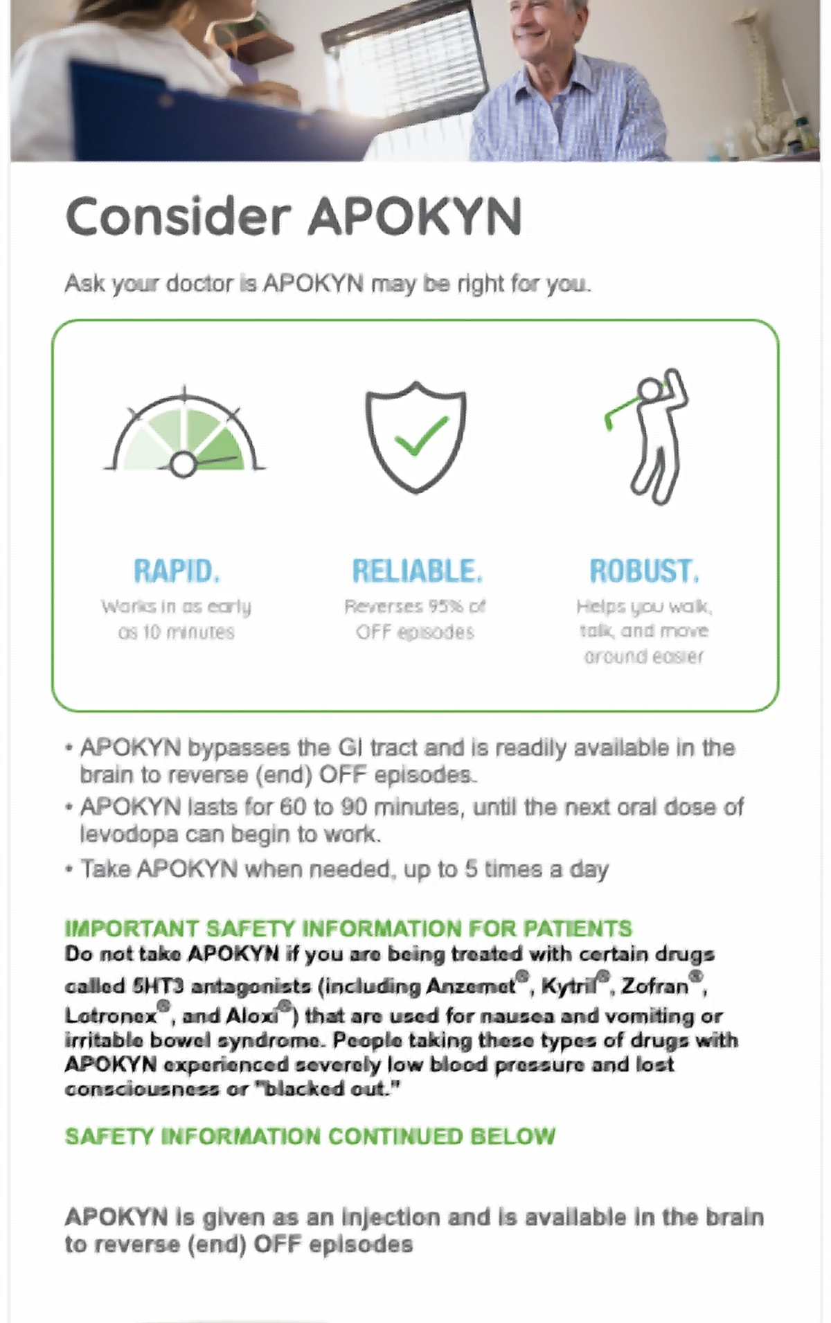 Close-up of the Consider APOKYN email showing three icon benefit modules and supporting bullet points.