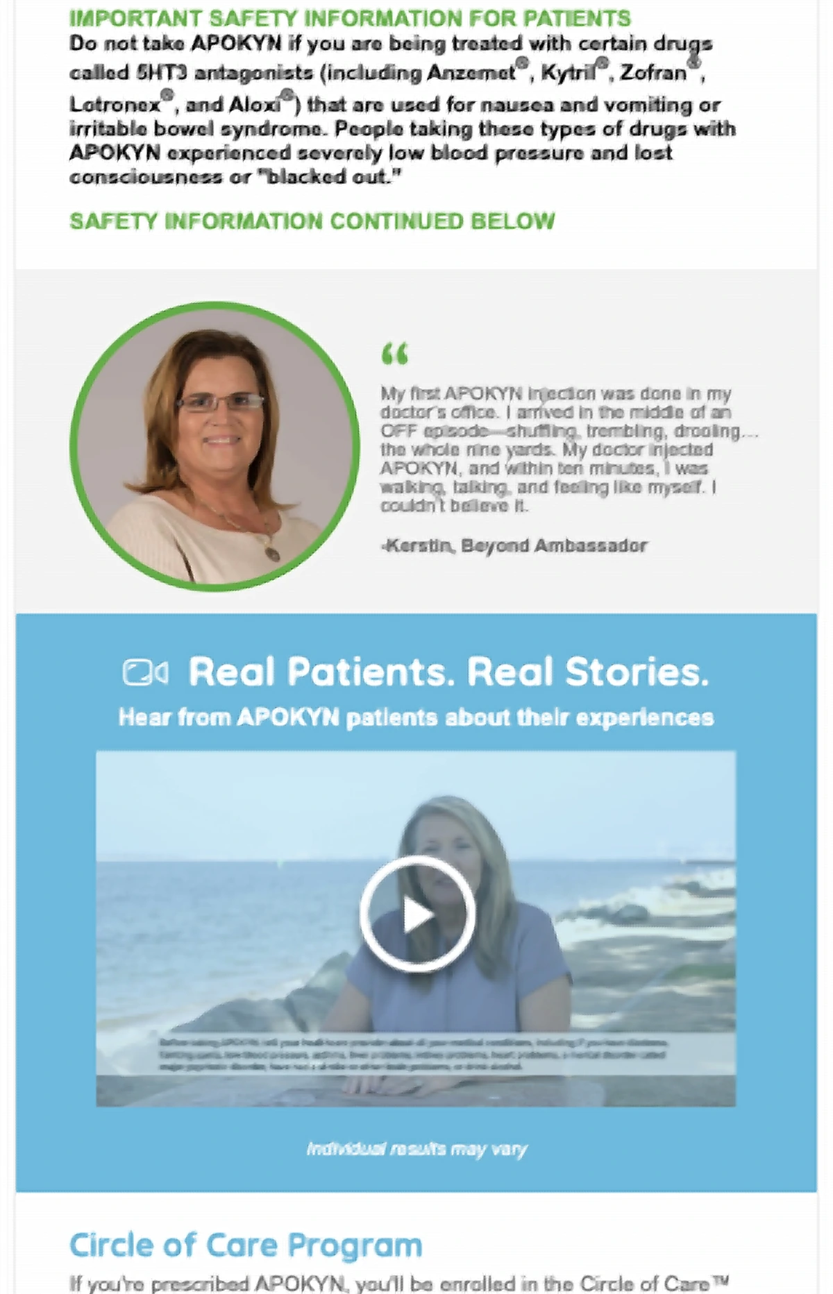 Close-up showing the important safety information block followed by a patient quote and the Real Patients. Real Stories. video module.