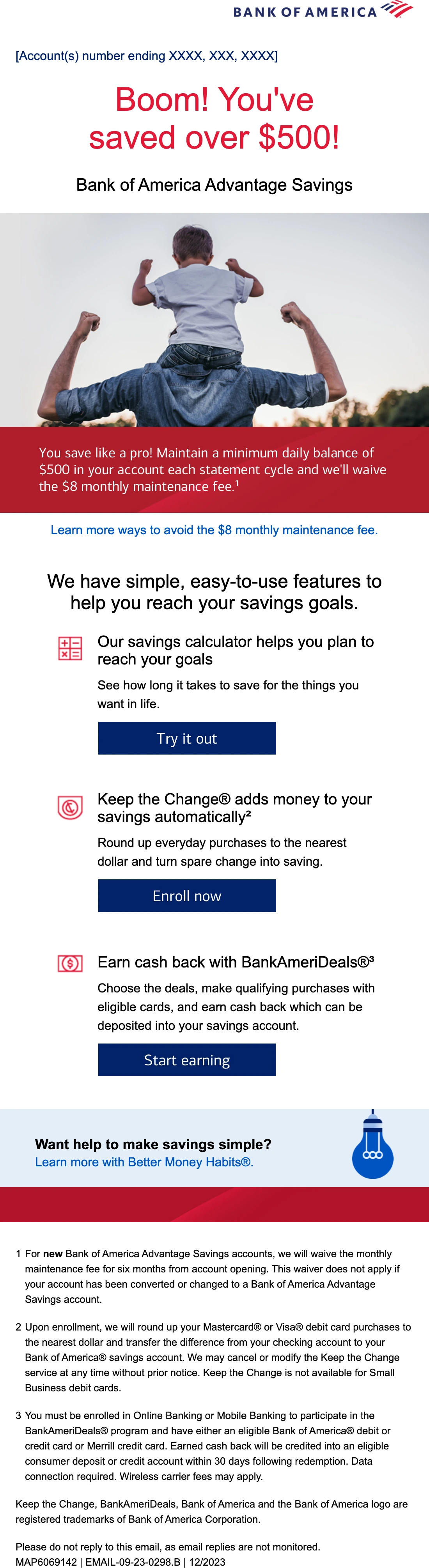Bank of America email: Boom! You've saved over $500!. Savings milestone email featuring Keep the Change, recurring transfers and BankAmeriDeals.