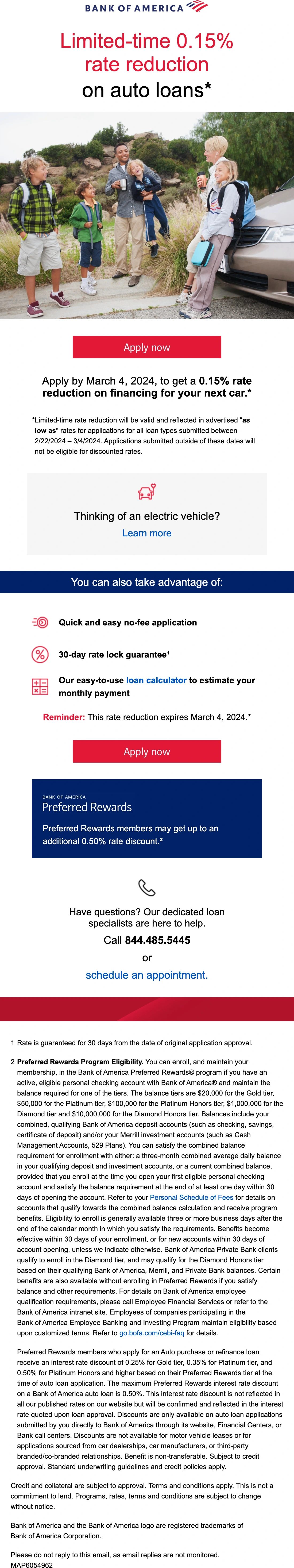 Bank of America email: Auto loan rate reduction. Limited-time rate offer for auto loans, one of three versions, with rate disclosures.