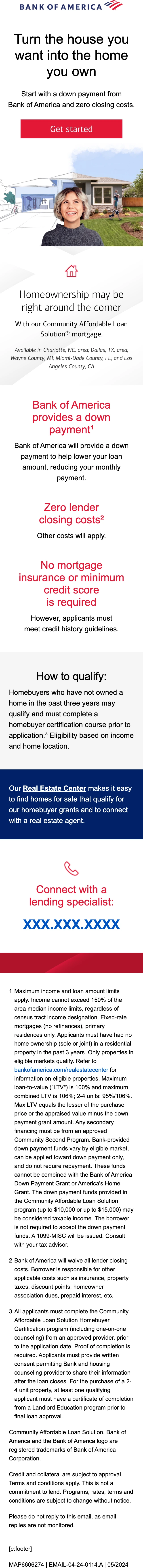 Mobile version of the Bank of America email Homebuyer program, English.