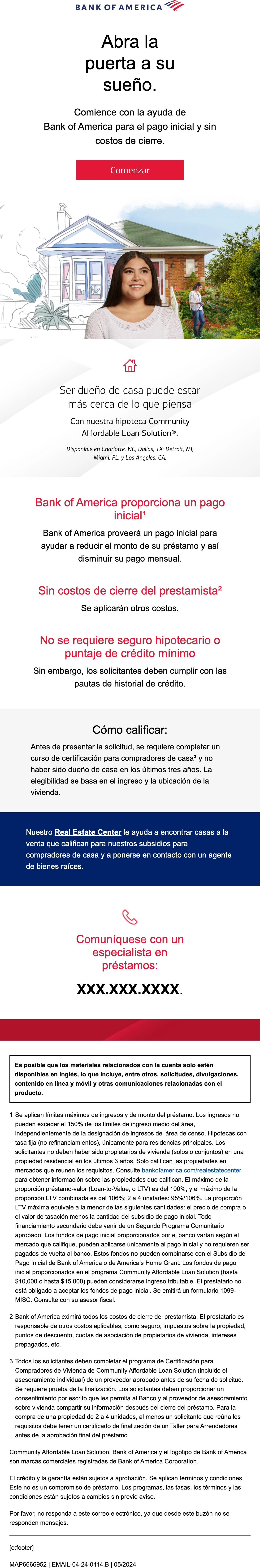 Bank of America email: Homebuyer program, Spanish. The Spanish build, translated through to alt text, footnote labels and screen-reader text.
