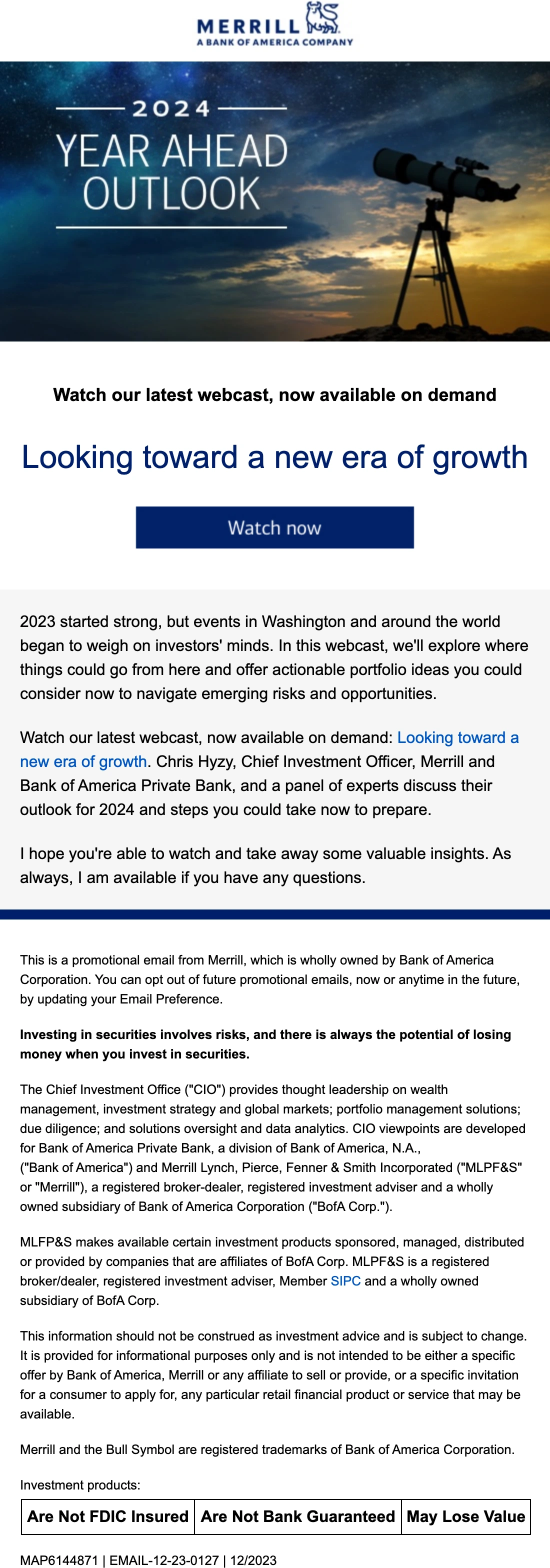 Bank of America email: Looking toward a new era of growth. Invitation to the Chief Investment Office's 2024 outlook event.