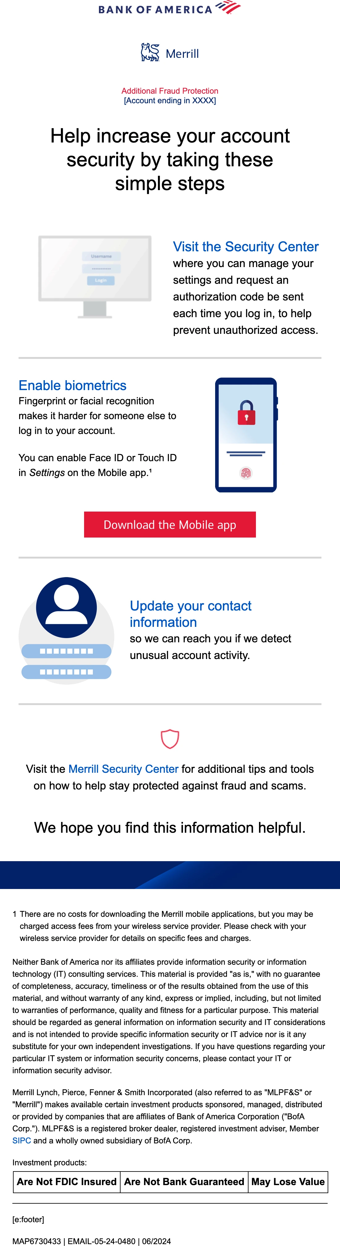Bank of America email: Merrill account security. Security Center animation, biometrics and contact-information steps.