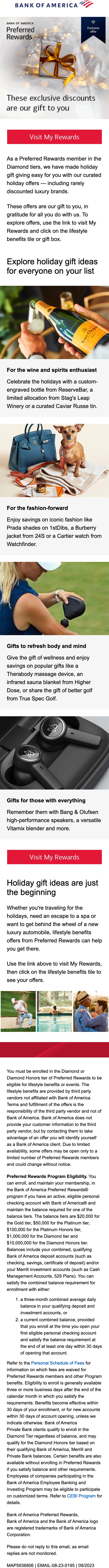 Mobile version of the Bank of America email Preferred Rewards: curated shopping.