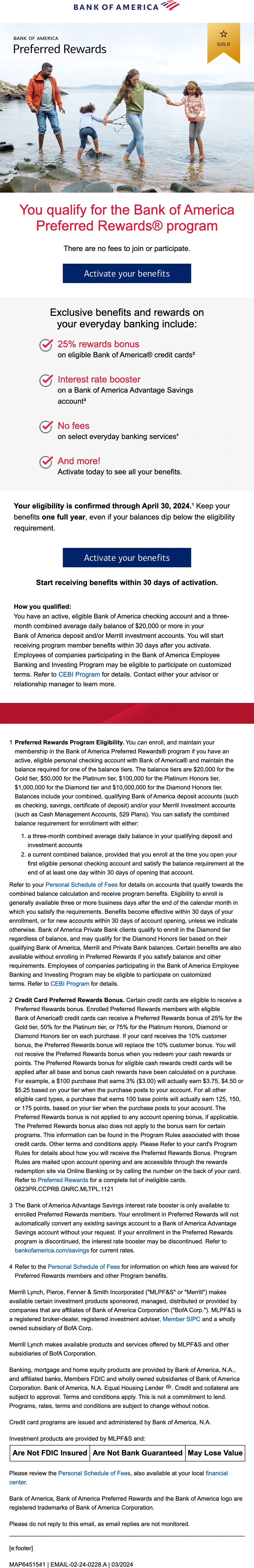 Bank of America email: Preferred Rewards: you qualify. Enrollment email, one of six versions built for different tiers and audiences.
