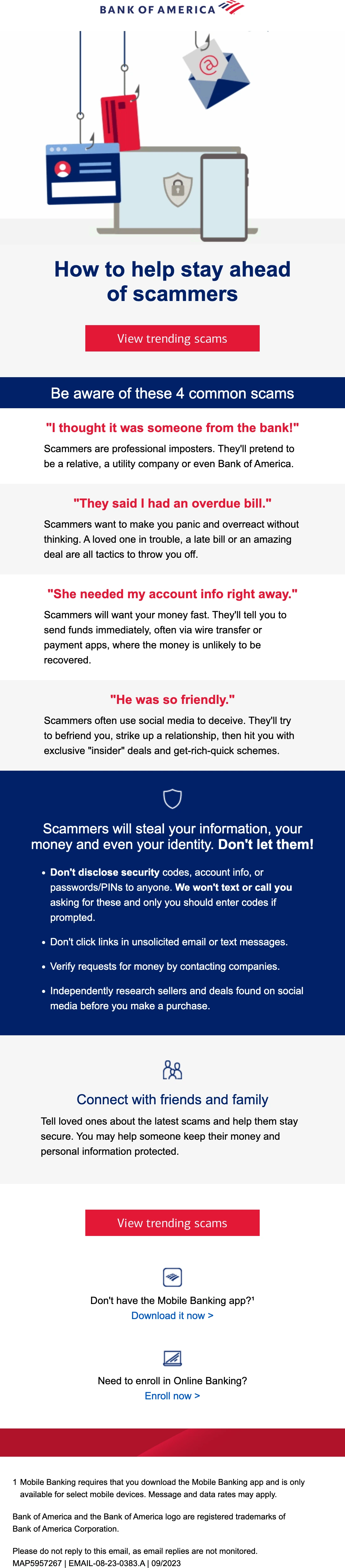 Bank of America email: How to help stay ahead of scammers. Fraud education in English, Spanish and a Business Advantage version.