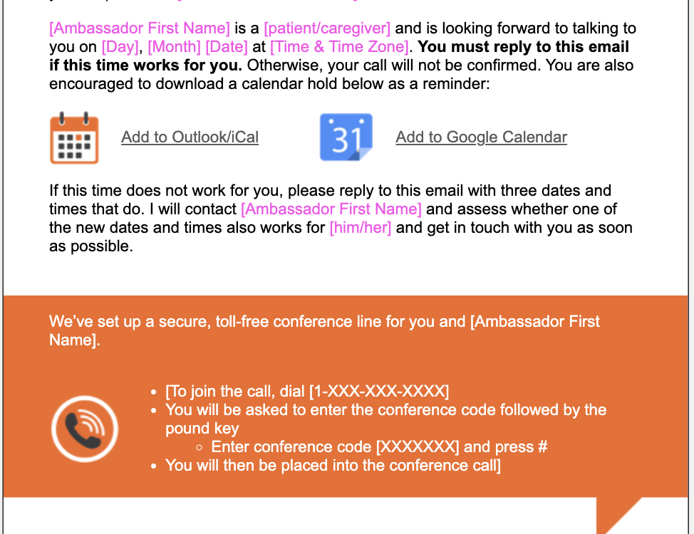 Close-up of the scheduling email showing the reply instruction, Add to Outlook/iCal and Add to Google Calendar links, and the orange conference-line callout.