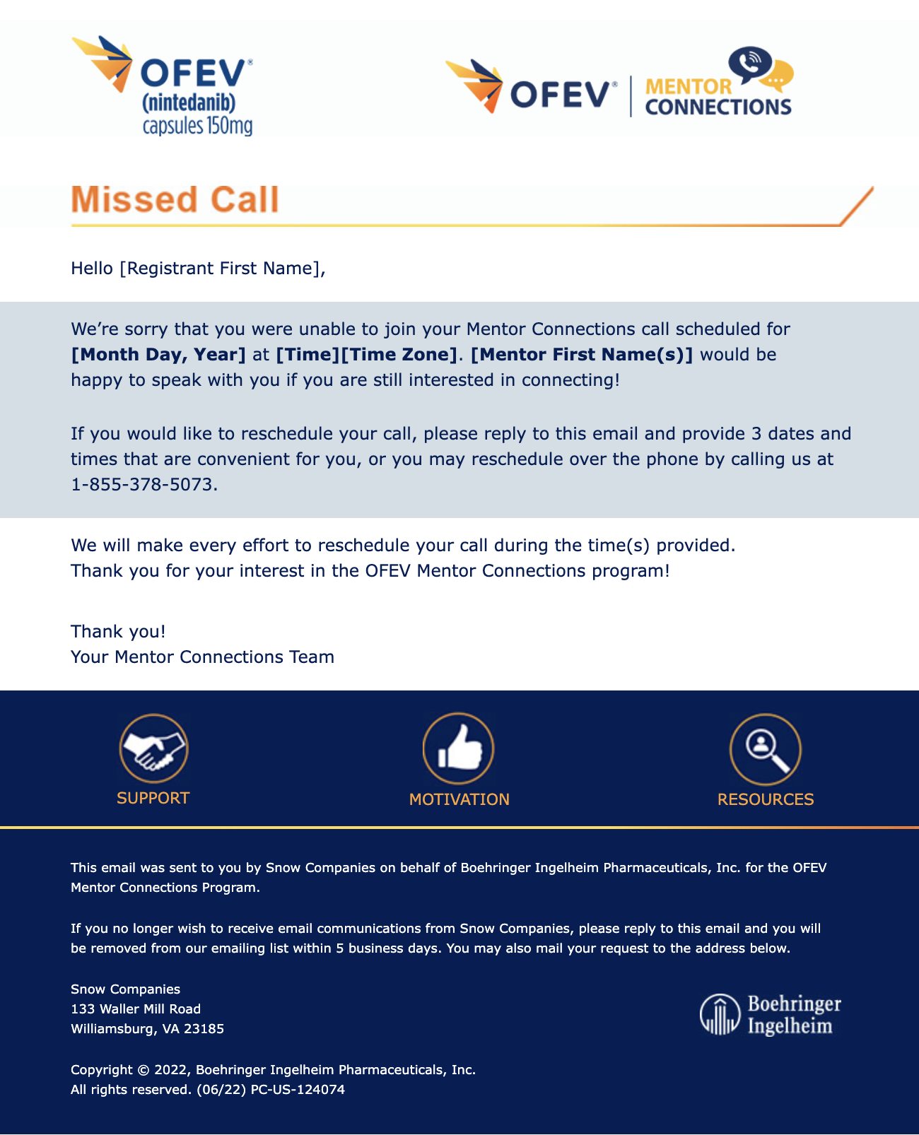 OFEV Mentor Connections missed call email asking the registrant to reply with dates and times or call to reschedule.