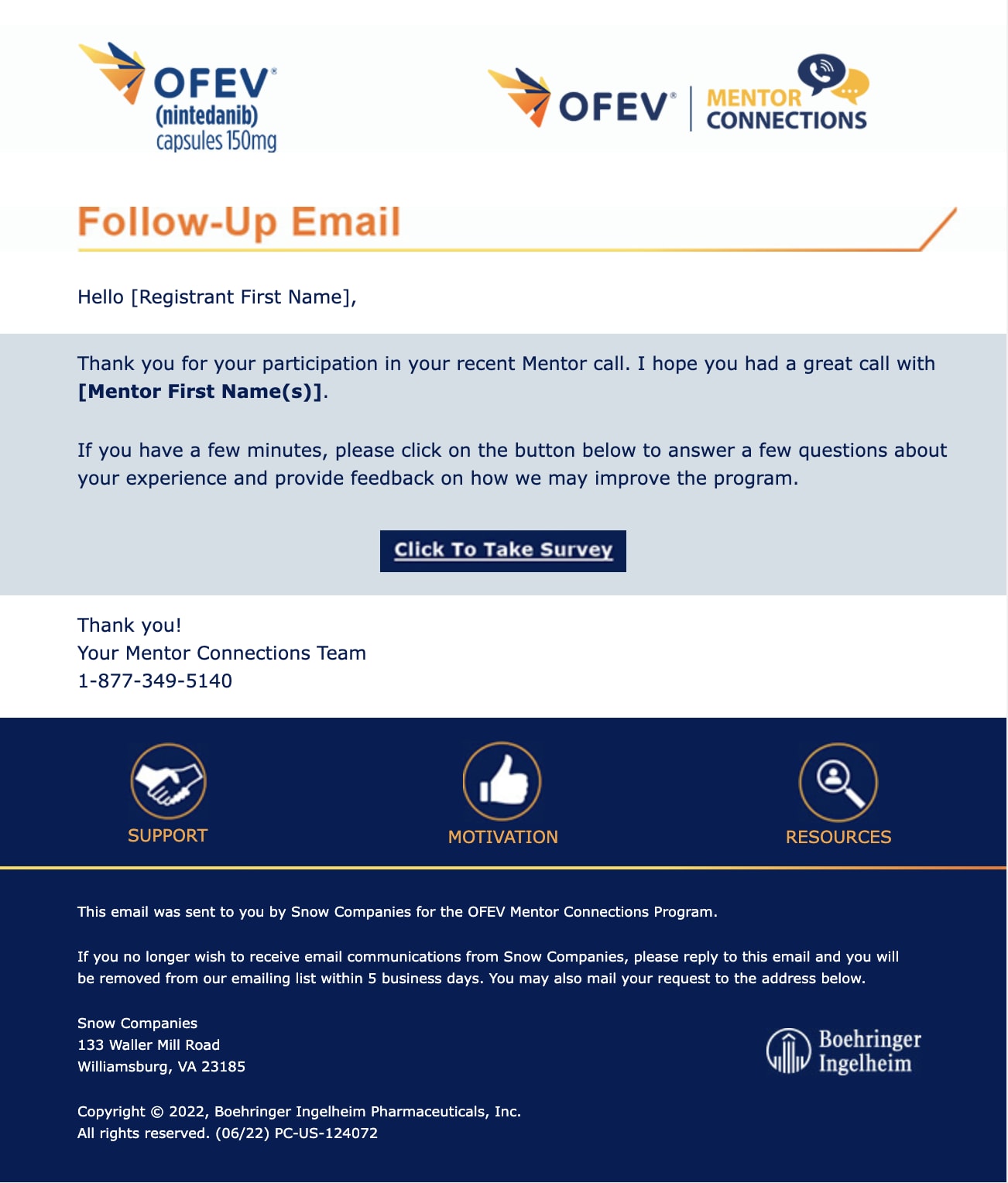 OFEV Mentor Connections follow-up email thanking the registrant and linking to a feedback survey.