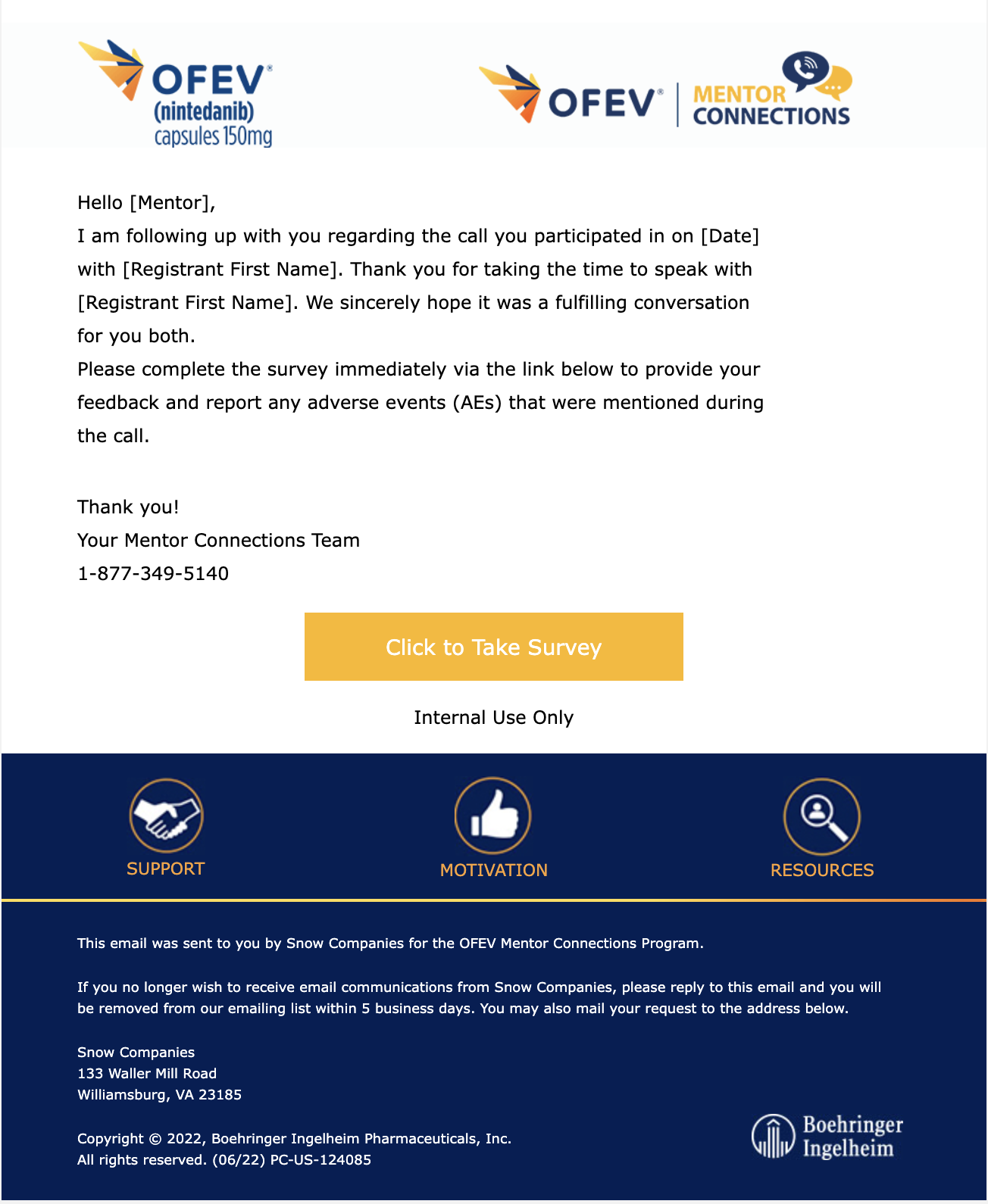 OFEV Mentor Connections email asking the mentor to complete a survey and report any adverse events mentioned during the call.