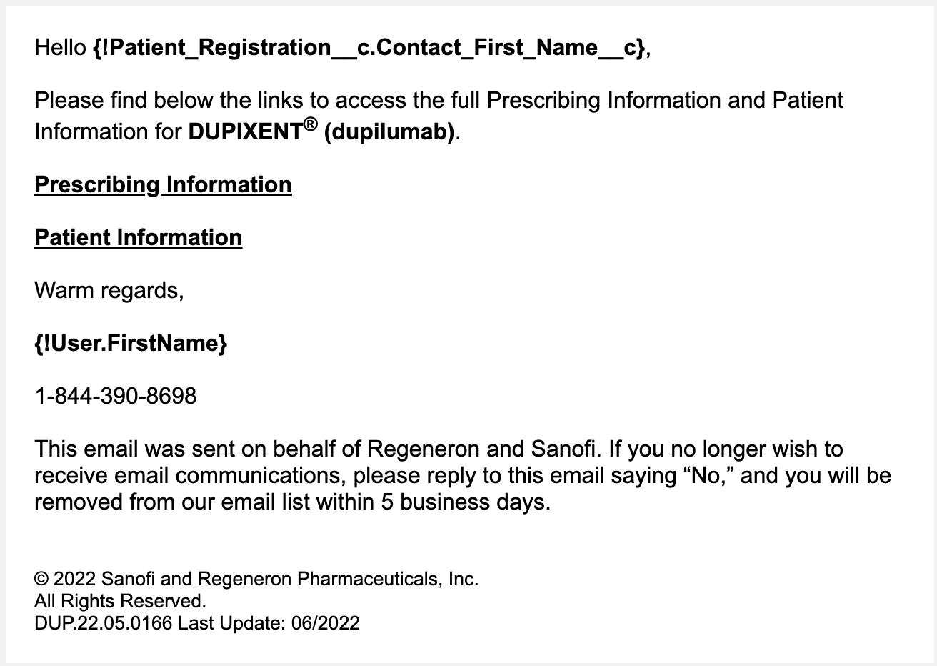 DUPIXENT email greeting the registrant with a Salesforce merge field and linking to the full Prescribing Information and Patient Information.
