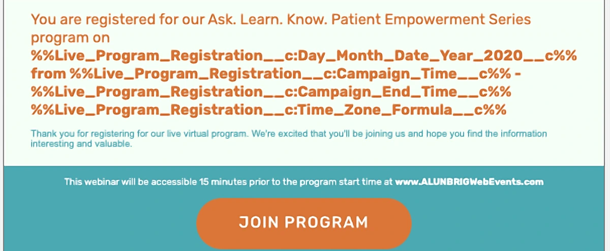 Close-up of the ALUNBRIG registration email showing merge fields for program day, date, campaign start and end time and time zone.