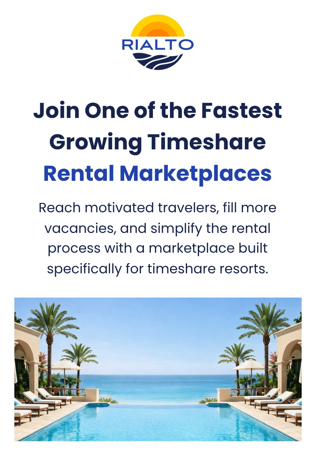 Close-up of the Rialto mobile build: logo, the headline and supporting copy as large live text, then the resort photo at full width.