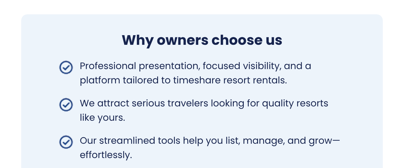Close-up of the Why owners choose us panel with three checkmarked statements on a pale blue background.