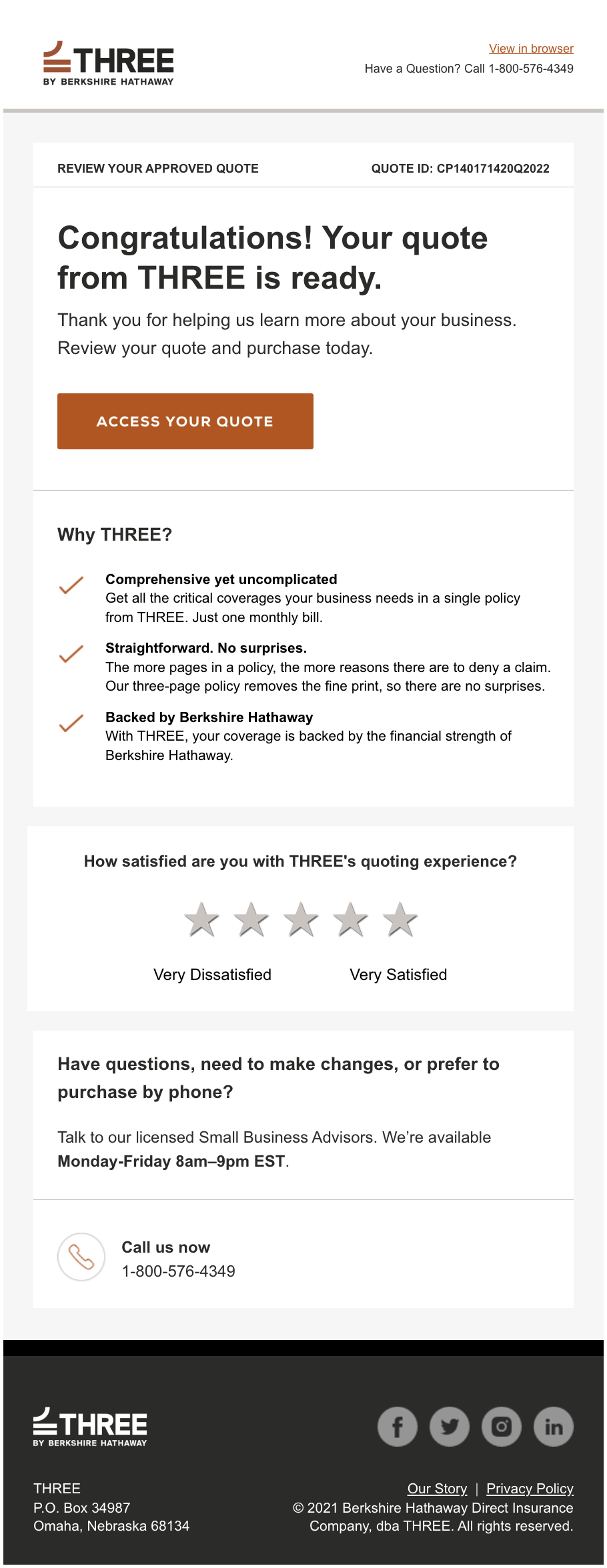 Rendered version of the THREE quote-ready email with a sample quote ID populated in the header strip.