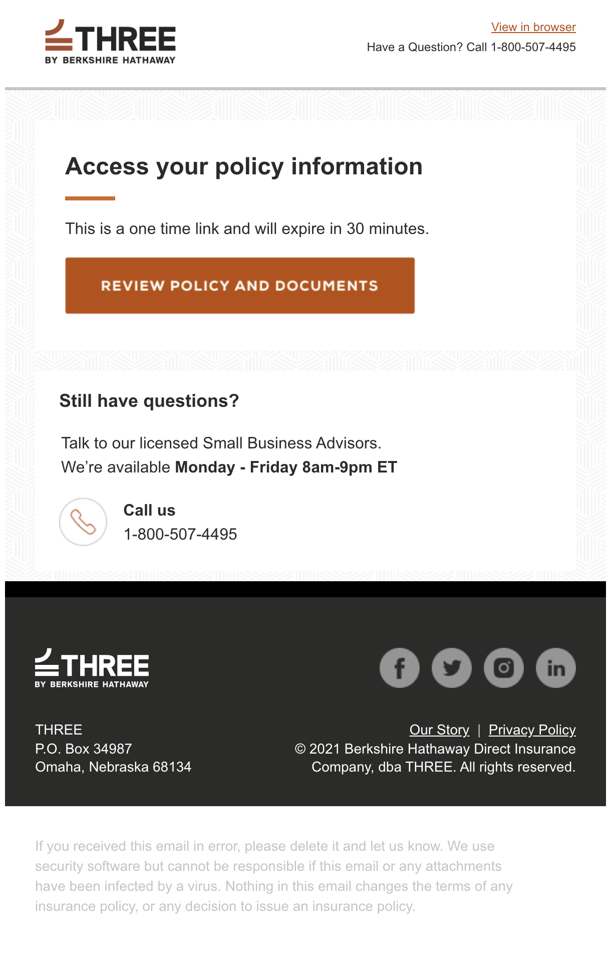 THREE email titled Access your policy information, noting a one-time link that expires in 30 minutes, with a Review Policy and Documents button.