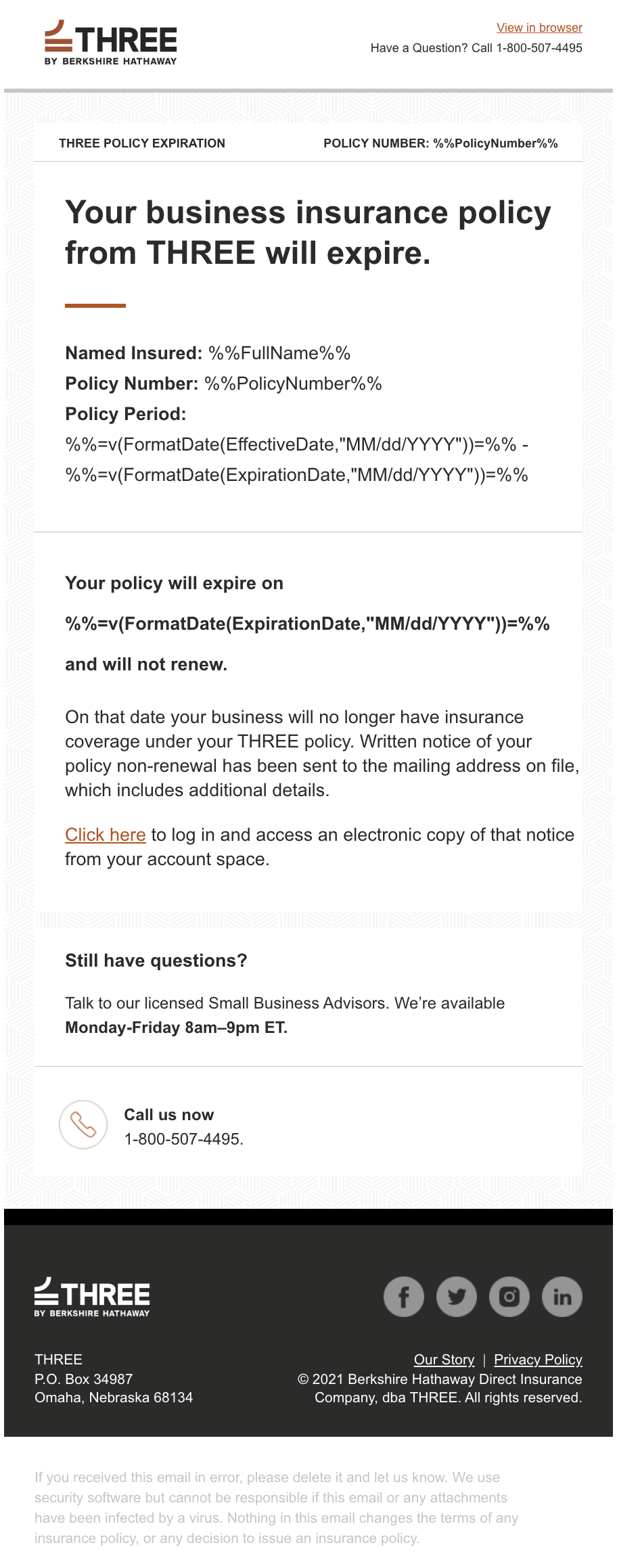 THREE email titled Your business insurance policy from THREE will expire, with policy details and the expiration date as AMPscript expressions.